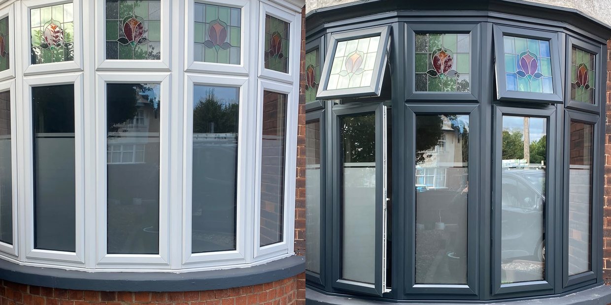 UPVC bay window sprayed from white to anthracite grey — before and after by Goodhall Spraying Specialists