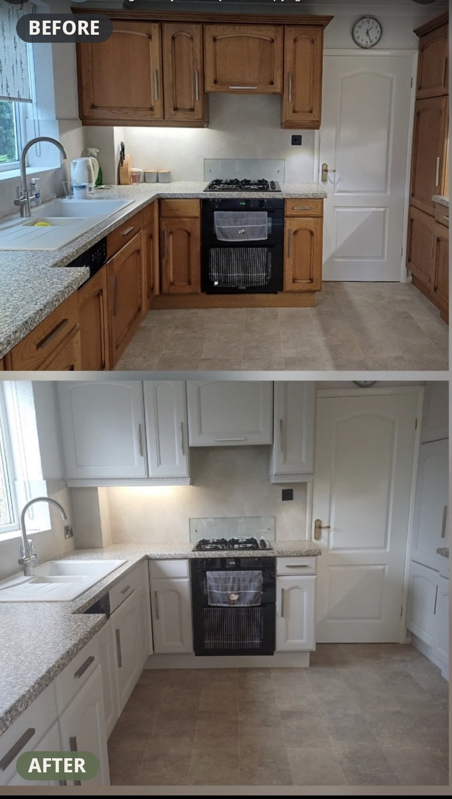 Kitchen spraying Boston — oak kitchen resprayed in soft white, before and after