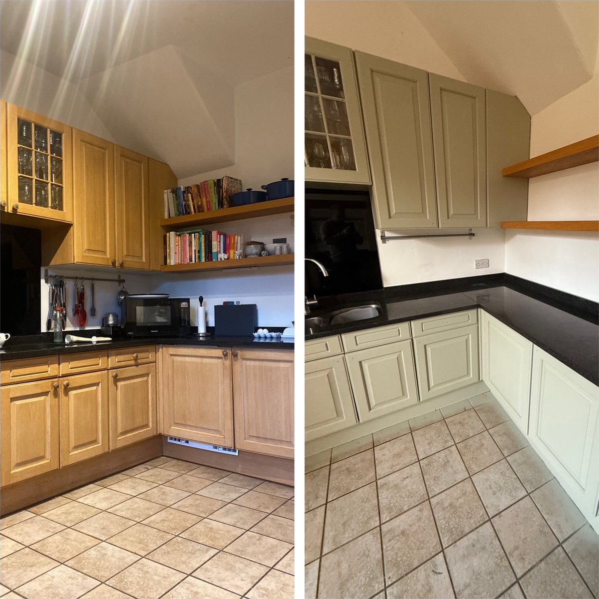 Kitchen spraying before and after — golden oak cabinets resprayed in Farrow and Ball Vert de Terre by Goodhall Spraying Specialists