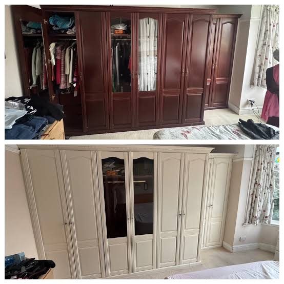 Wardrobe spraying before and after — dark mahogany fitted wardrobes resprayed in a soft cream finish