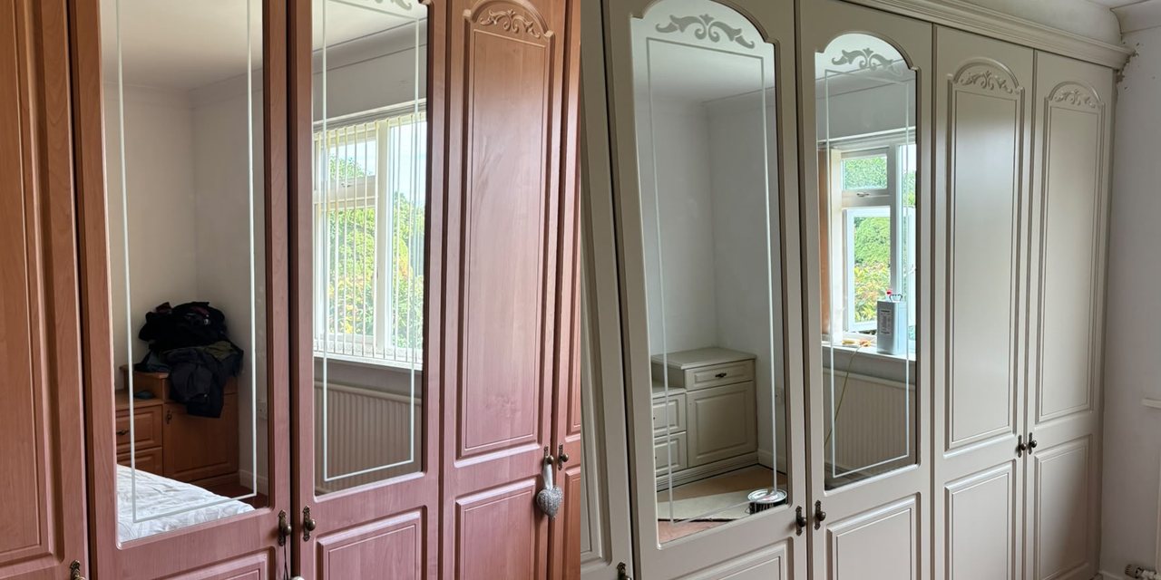 Wardrobe spraying case study Spilsby — fitted wardrobes resprayed from brown to soft cream, before and after